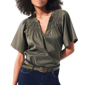 LN Cotelac Miltary Olive Green Shirred Smocked Short Sleeve Top - &
